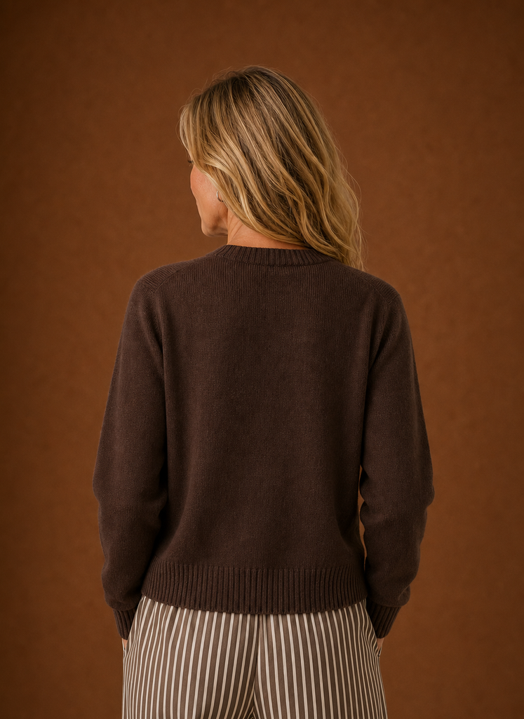 Women's Crew Neck Knit Cardigan with Button Front and Ribbed Details
