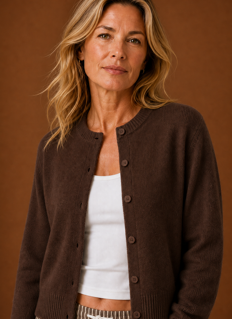 Women's Crew Neck Knit Cardigan with Button Front and Ribbed Details