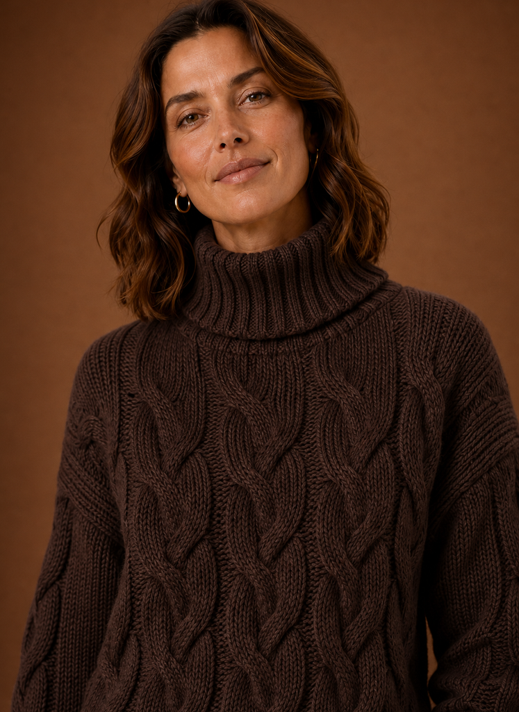 Women's Cable Knit Turtleneck Pullover Sweater with Ribbed Cuffs and Hem