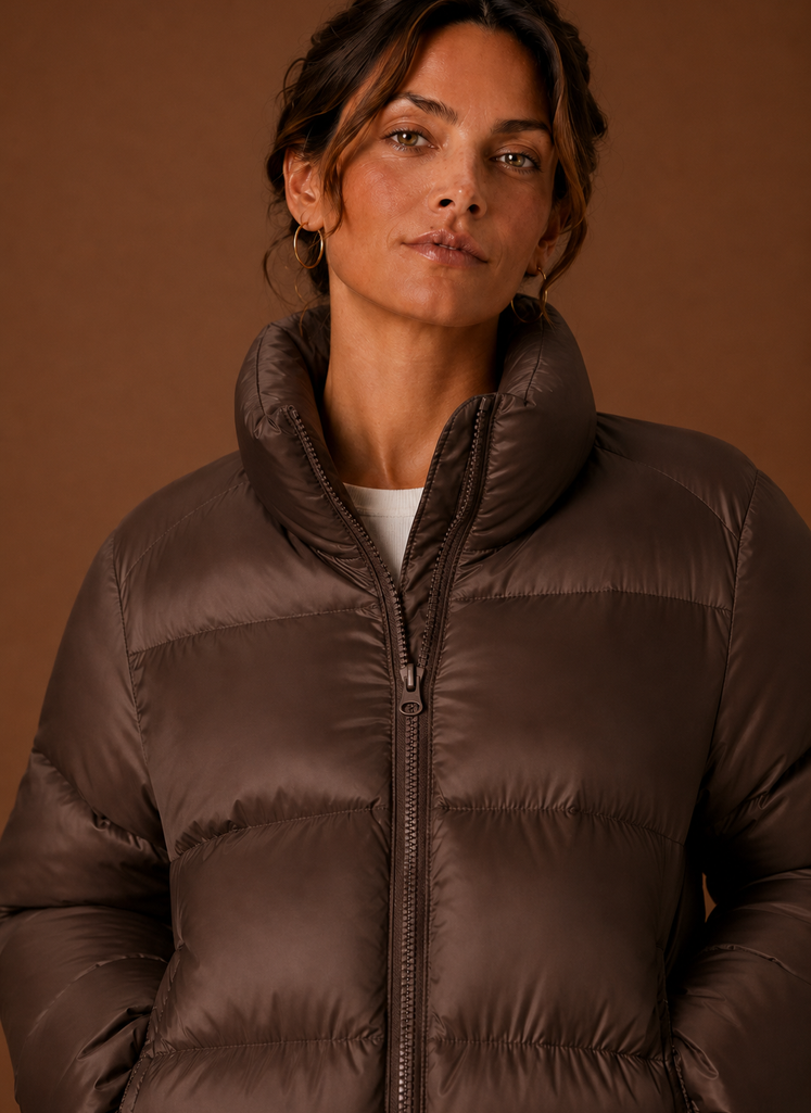 Women's Quilted Puffer Jacket with High Collar and Zip Front