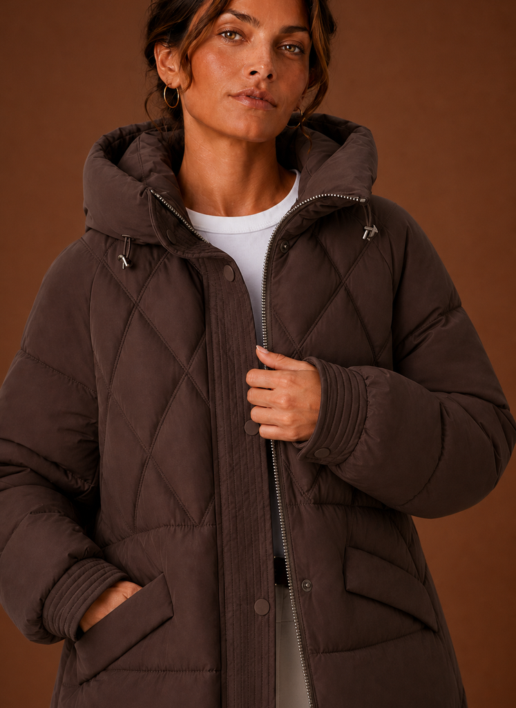 Women's Longline Puffer Jacket with Hood and Diamond Quilting