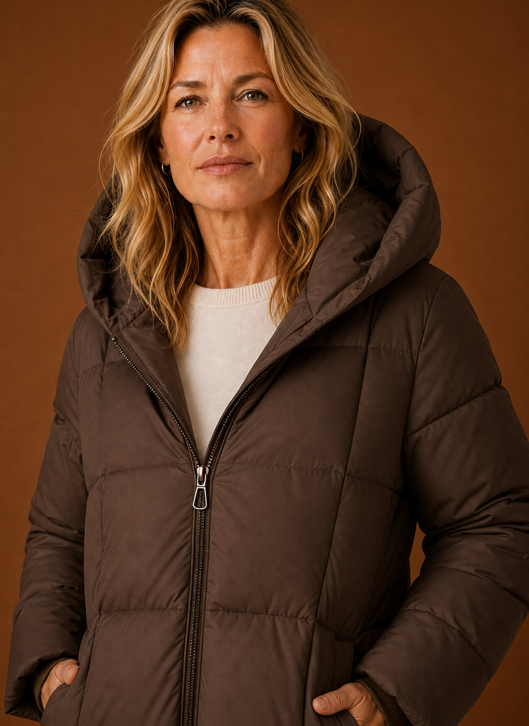 Women's Long Quilted Puffer Coat with Hood and Zip Front