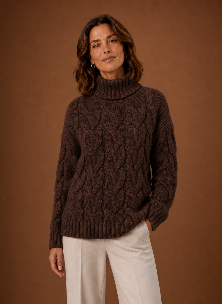 Women's Cable Knit Turtleneck Pullover Sweater with Ribbed Cuffs and Hem