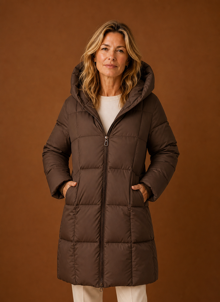 Women's Long Quilted Puffer Coat with Hood and Zip Front