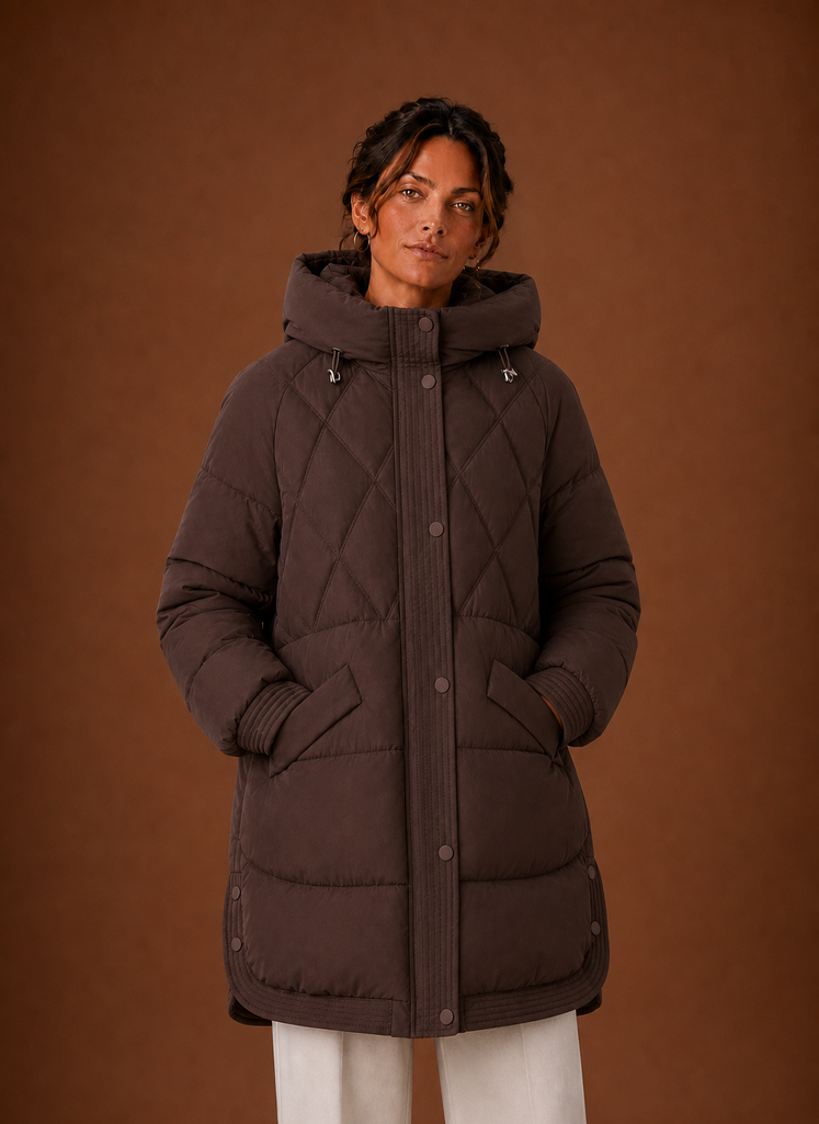 Women's Longline Puffer Jacket with Hood and Diamond Quilting