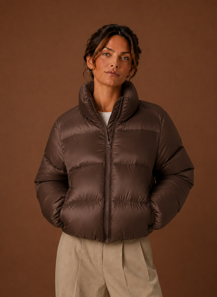 Women's Quilted Puffer Jacket with High Collar and Zip Front