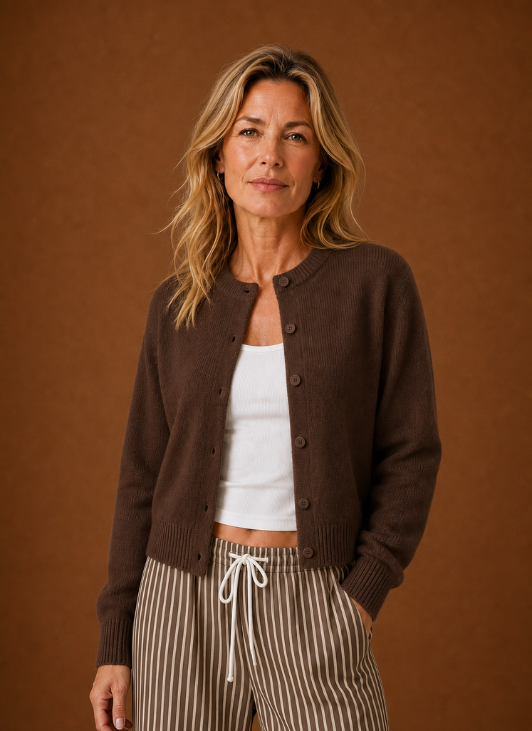 Women's Crew Neck Knit Cardigan with Button Front and Ribbed Details