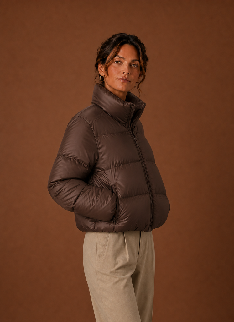 Women's Quilted Puffer Jacket with High Collar and Zip Front