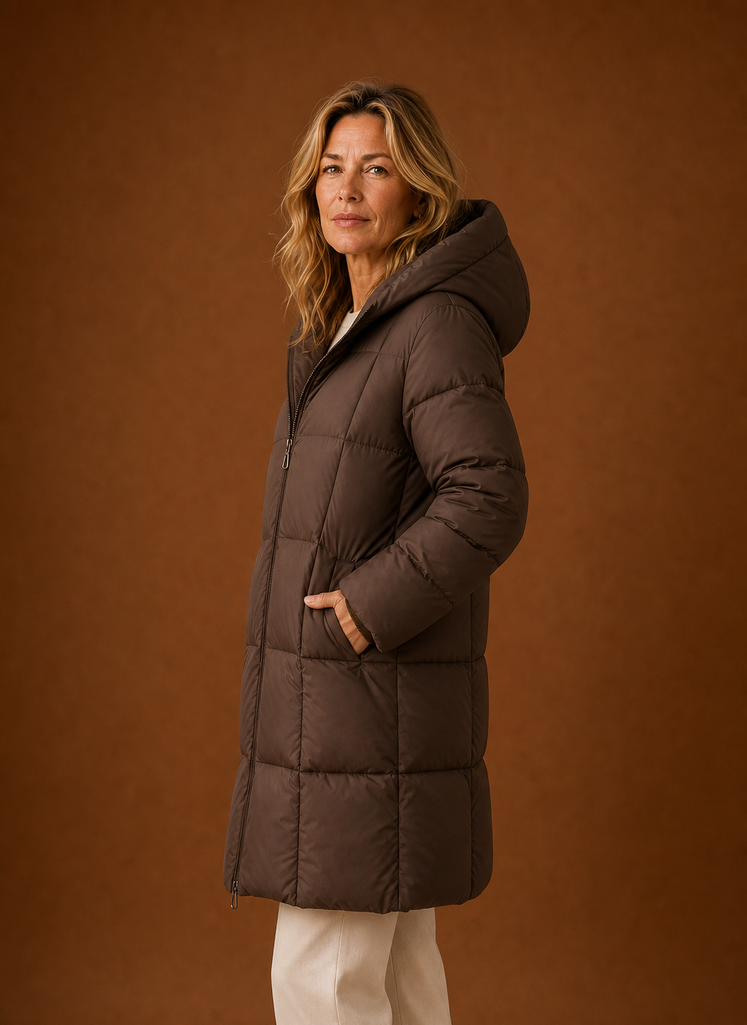 Women's Long Quilted Puffer Coat with Hood and Zip Front