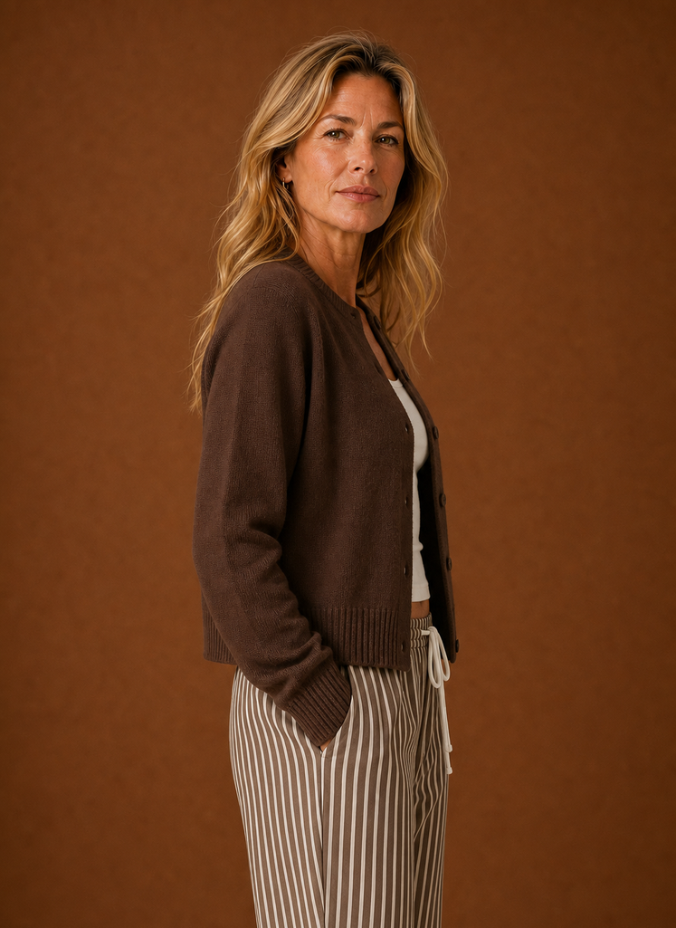Women's Crew Neck Knit Cardigan with Button Front and Ribbed Details