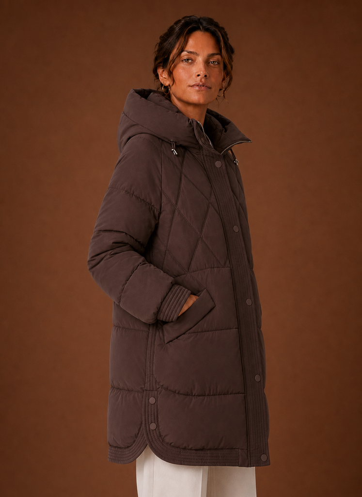Women's Longline Puffer Jacket with Hood and Diamond Quilting