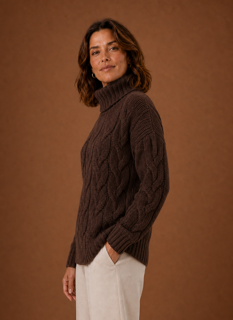 Women's Cable Knit Turtleneck Pullover Sweater with Ribbed Cuffs and Hem