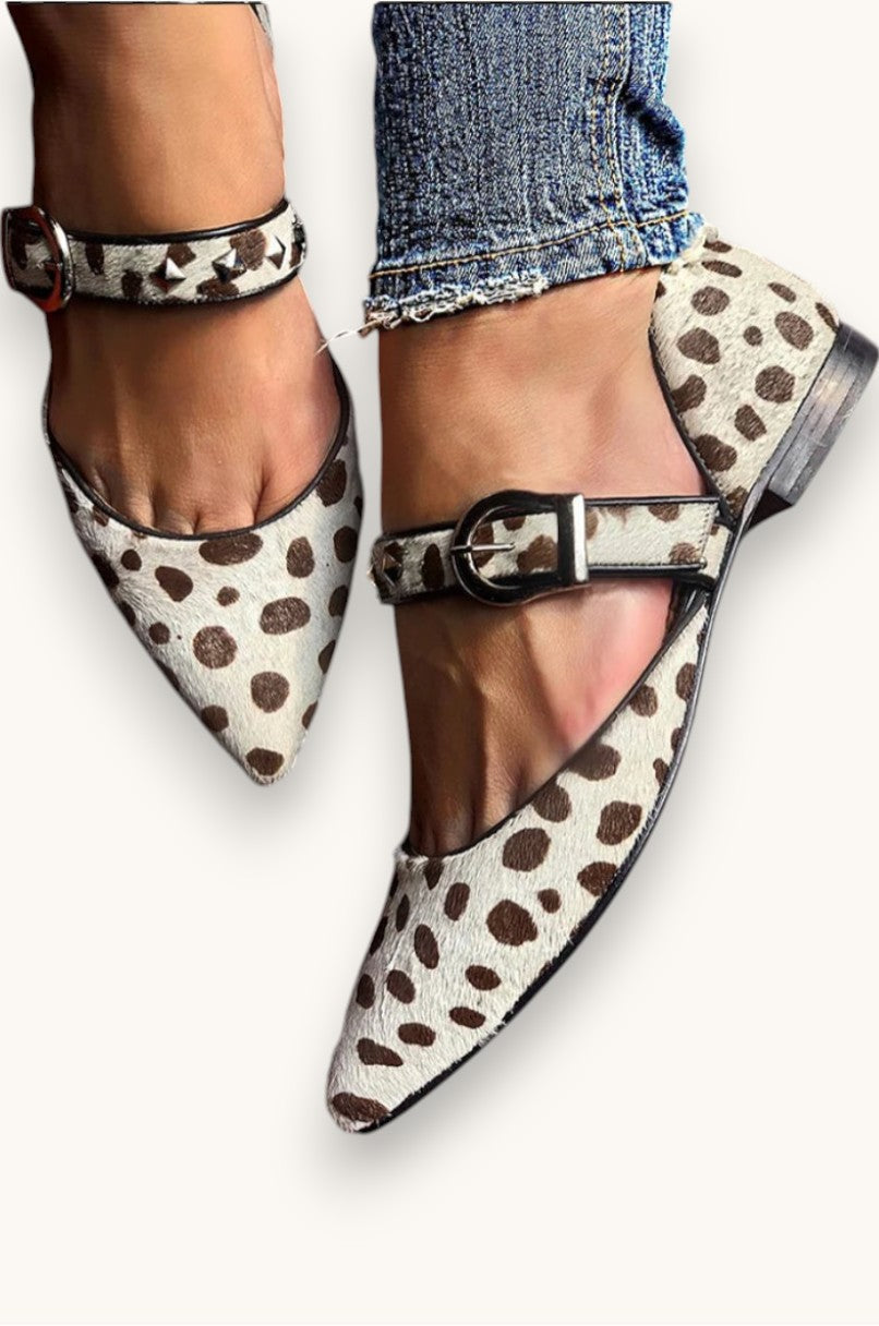 Women's Leopard Print Pointed Toe Mary Jane Flats with Ankle Strap