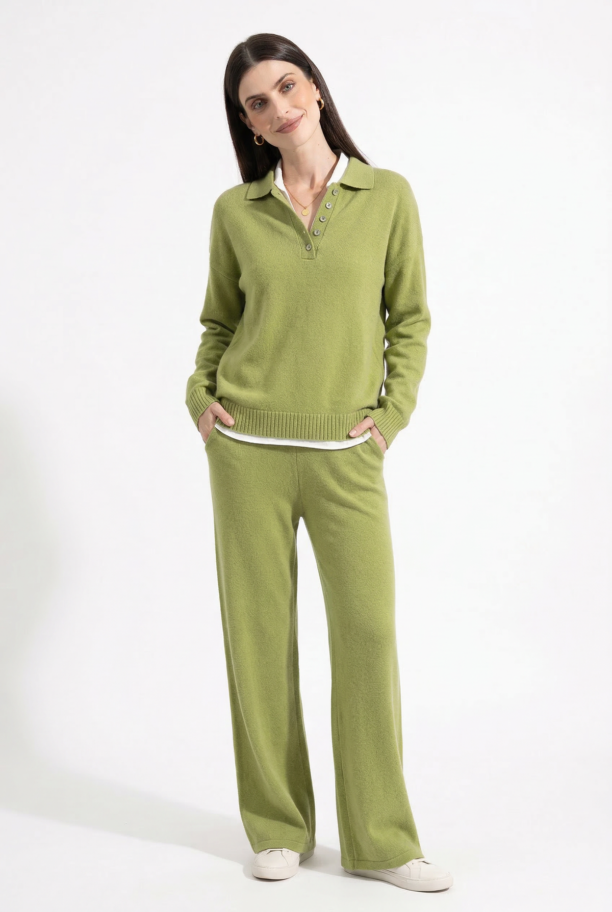 Women's Cashmere Polo Sweater and Pants Set with Button Neck