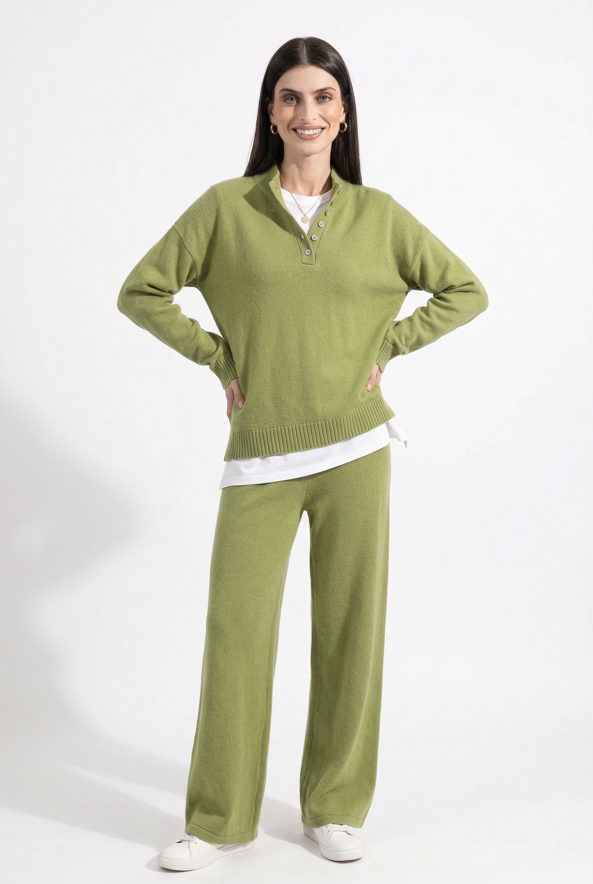 Women's Cashmere Polo Sweater and Pants Set with Button Neck