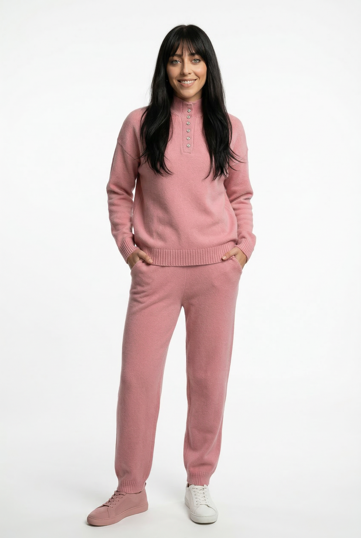 Women's Cashmere Polo Sweater and Pants Set with Button Neck