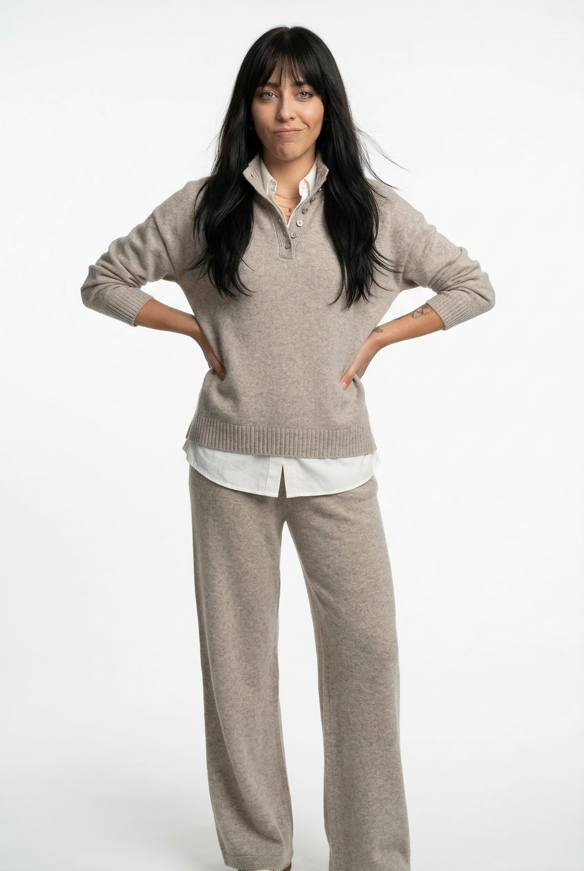 Women's Cashmere Polo Sweater and Pants Set with Button Neck