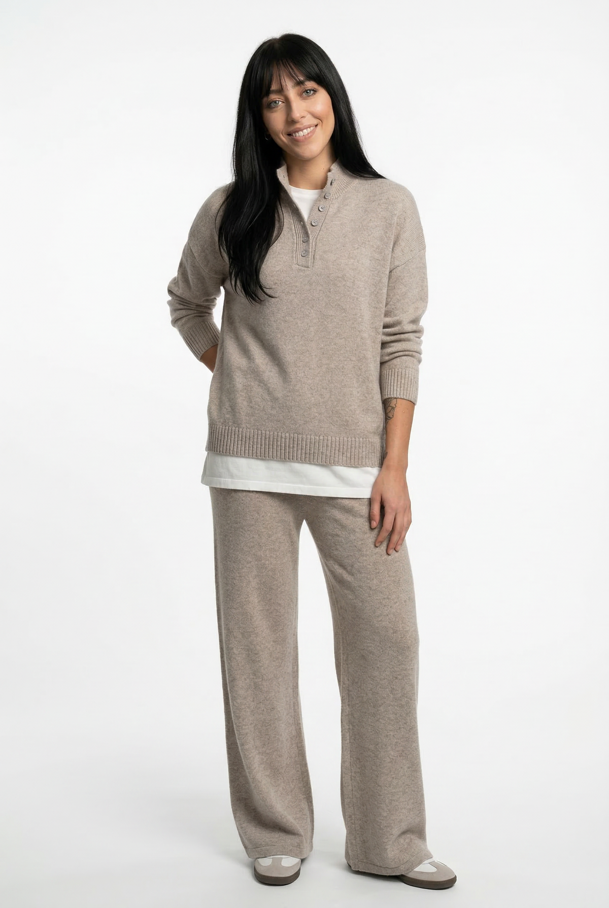 Women's Cashmere Polo Sweater and Pants Set with Button Neck