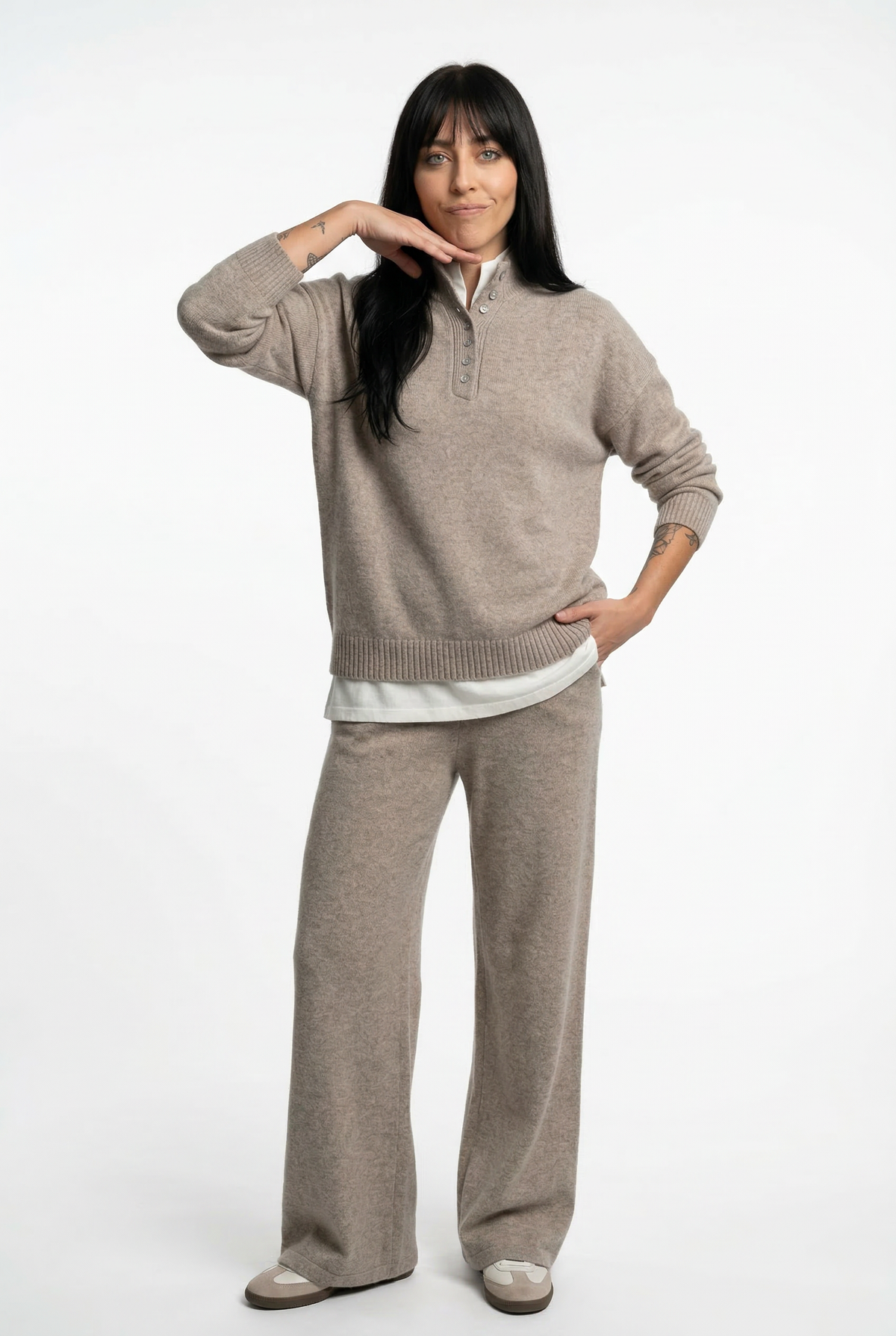 Women's Cashmere Polo Sweater and Pants Set with Button Neck