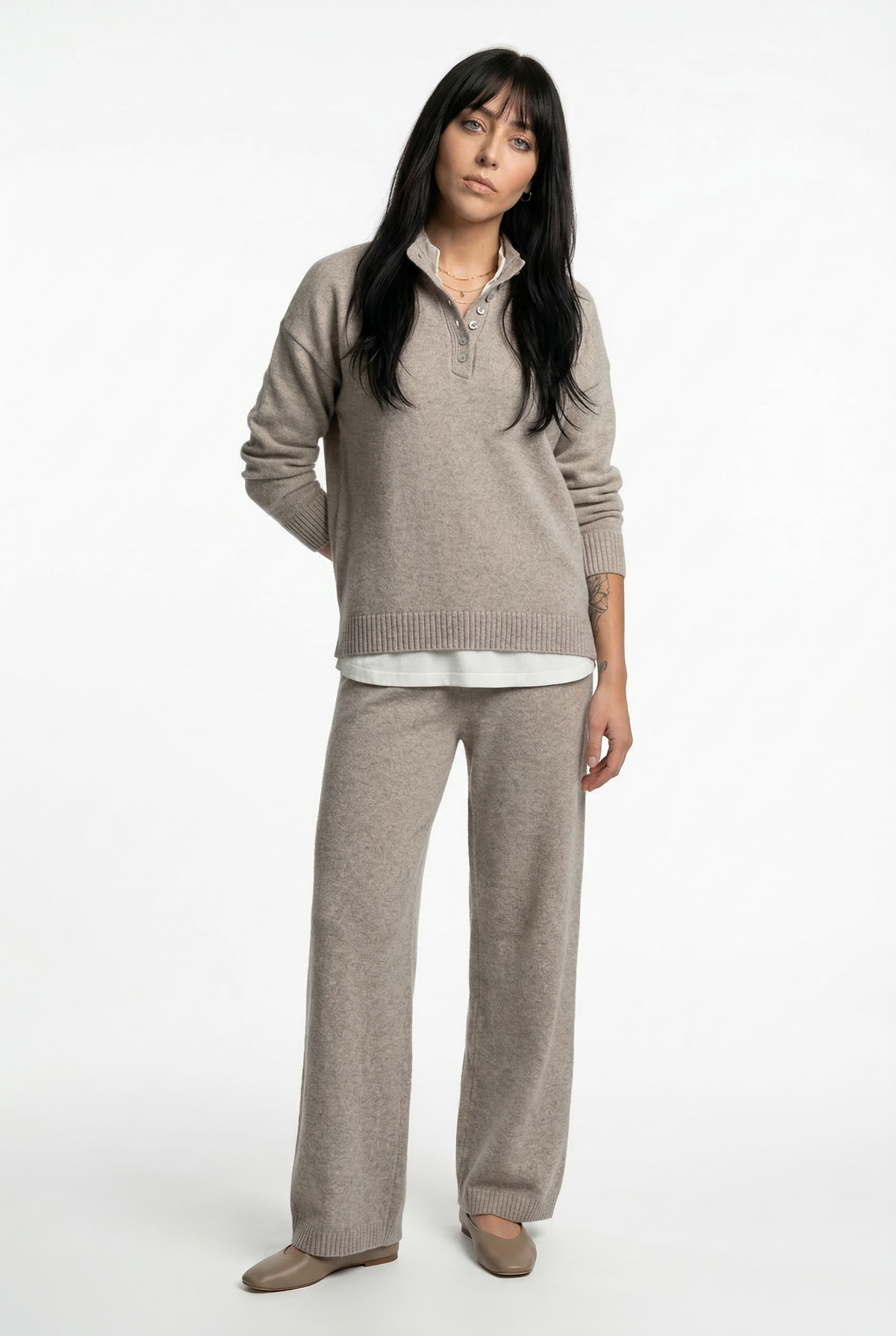 Women's Cashmere Polo Sweater and Pants Set with Button Neck