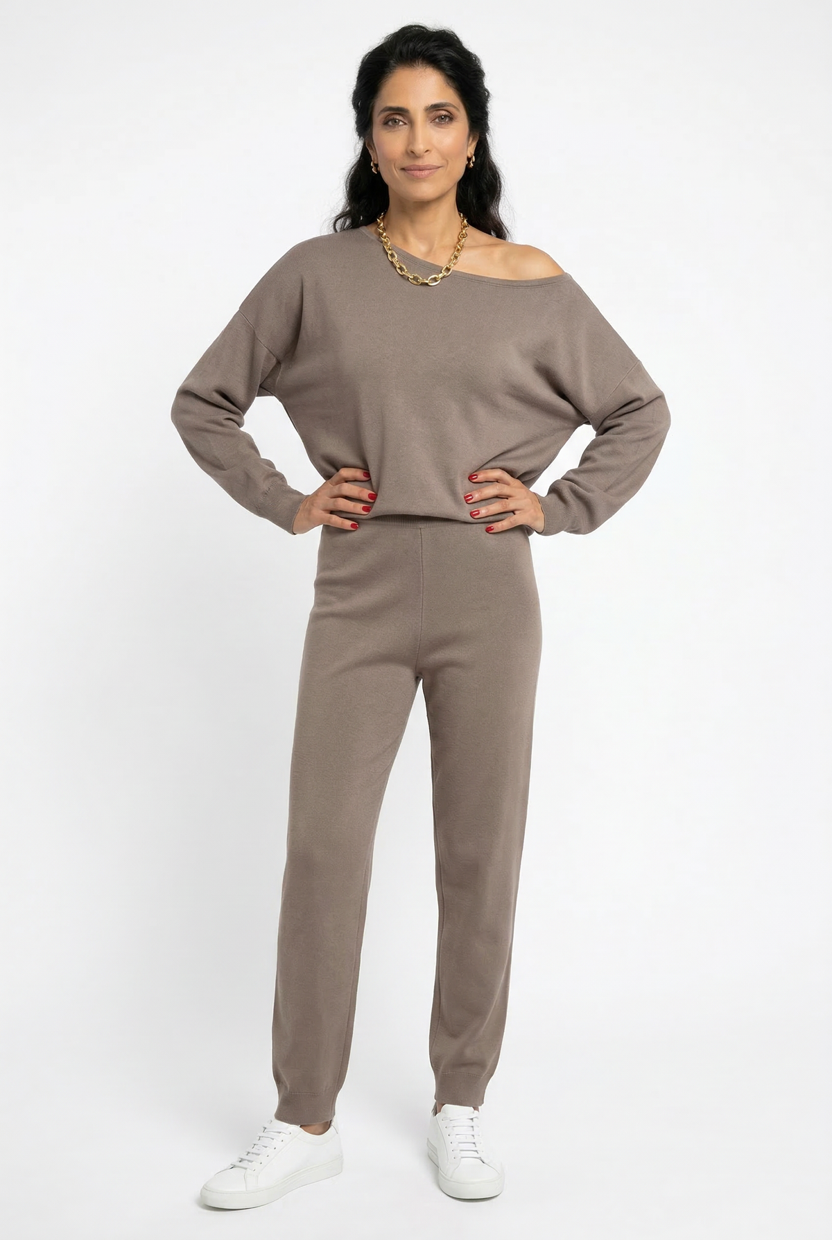 Women's Off Shoulder Knit Sweater and Pants Set with Wide Neck