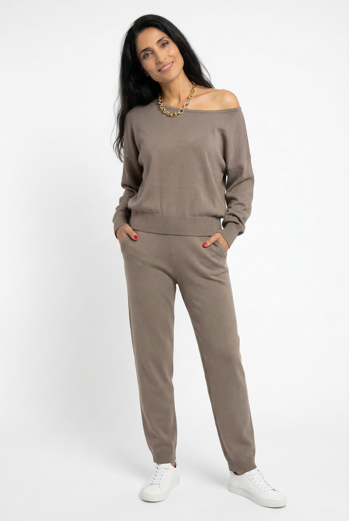 Women's Off Shoulder Knit Sweater and Pants Set with Wide Neck