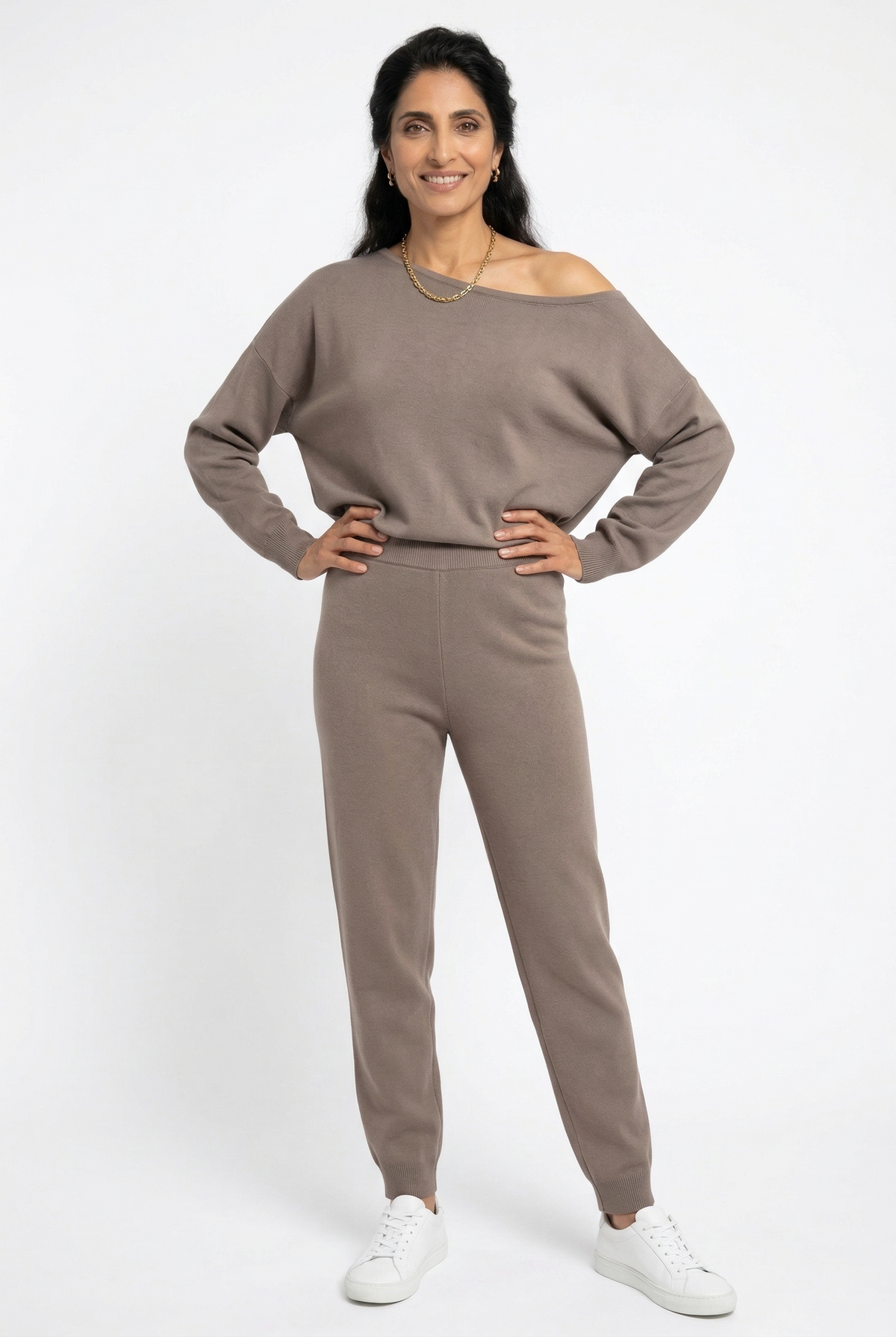 Women's Off Shoulder Knit Sweater and Pants Set with Wide Neck