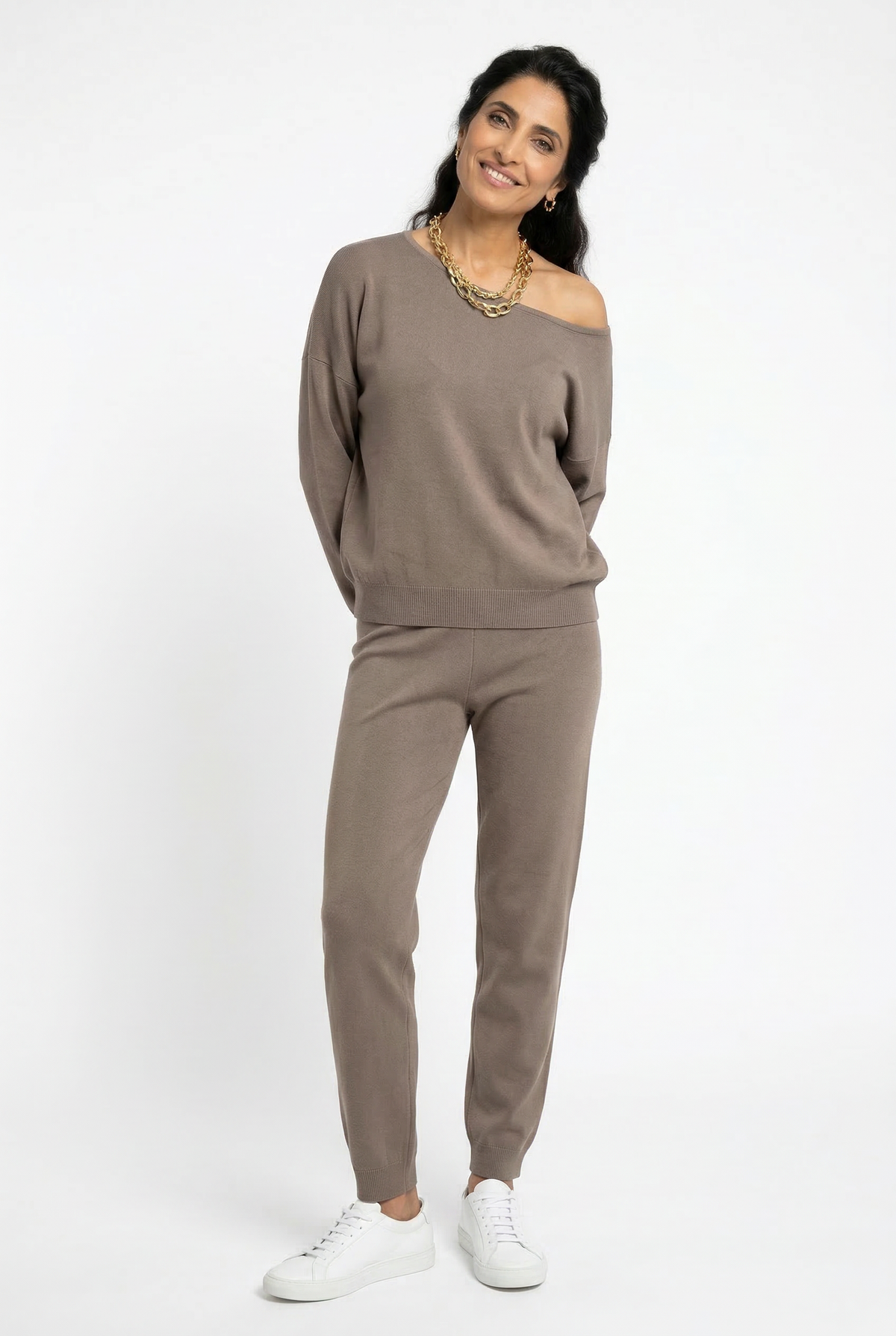 Women's Off Shoulder Knit Sweater and Pants Set with Wide Neck