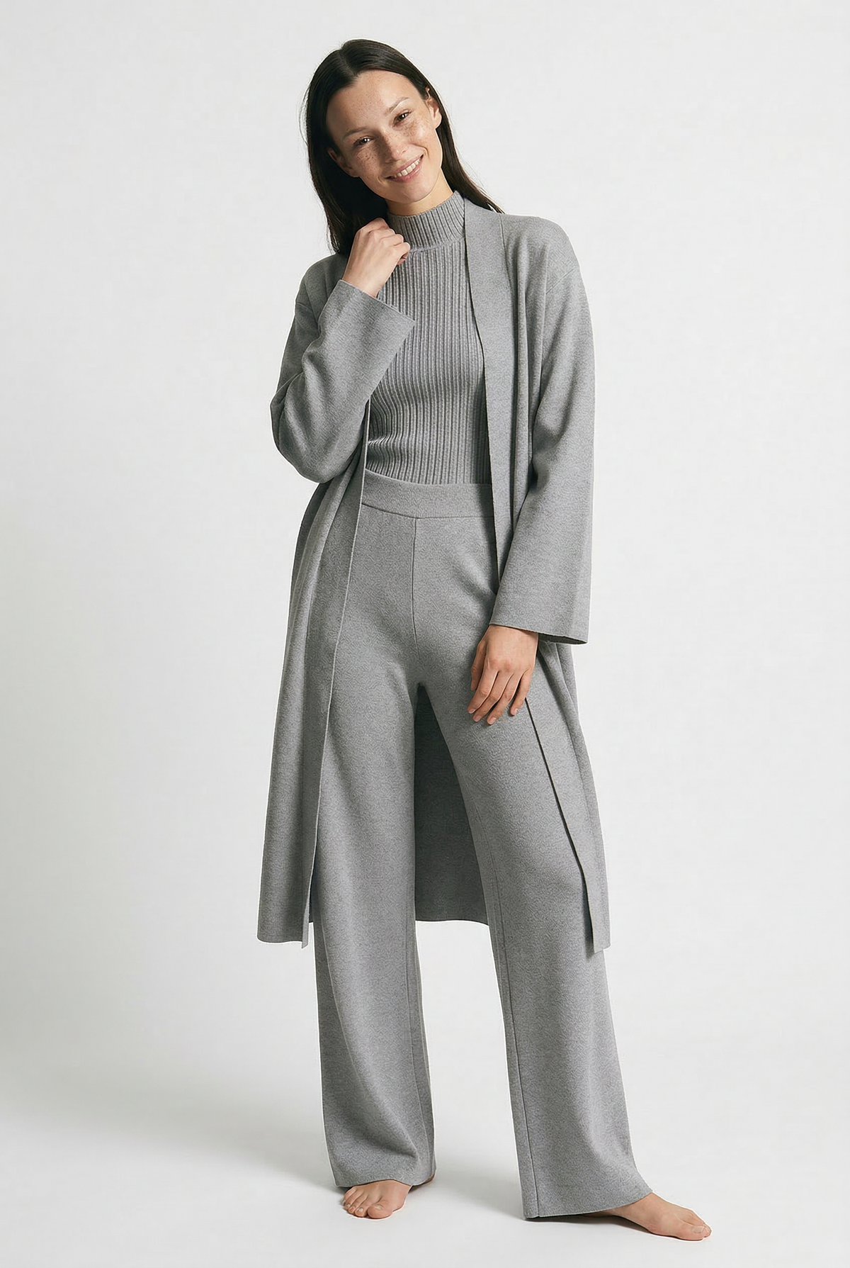 Women's Knit Lounge Set with Long Cardigan and Wide Leg Pants