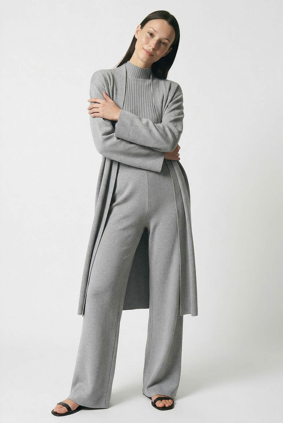 Women's Knit Lounge Set with Long Cardigan and Wide Leg Pants