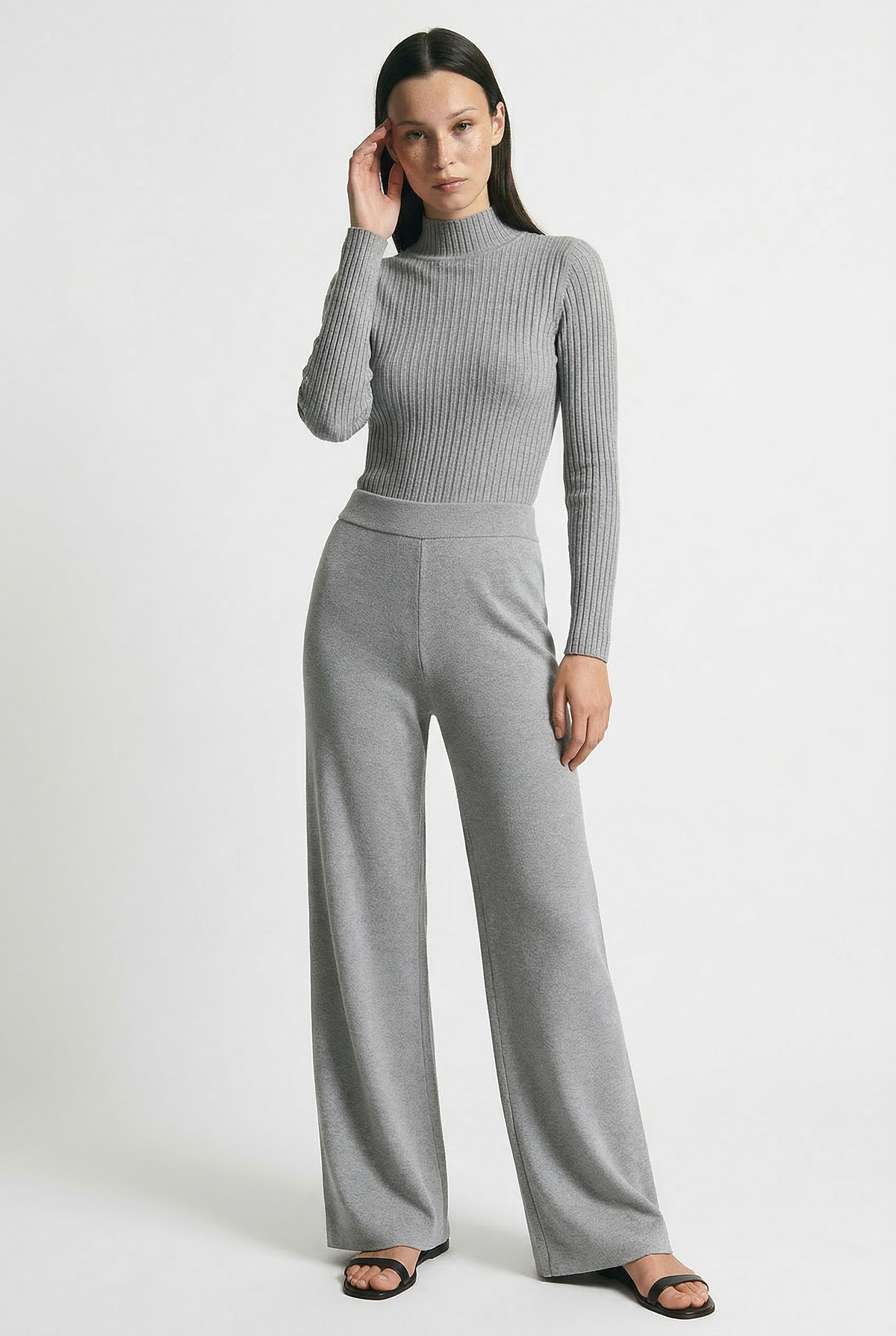 Women's Knit Lounge Set with Long Cardigan and Wide Leg Pants