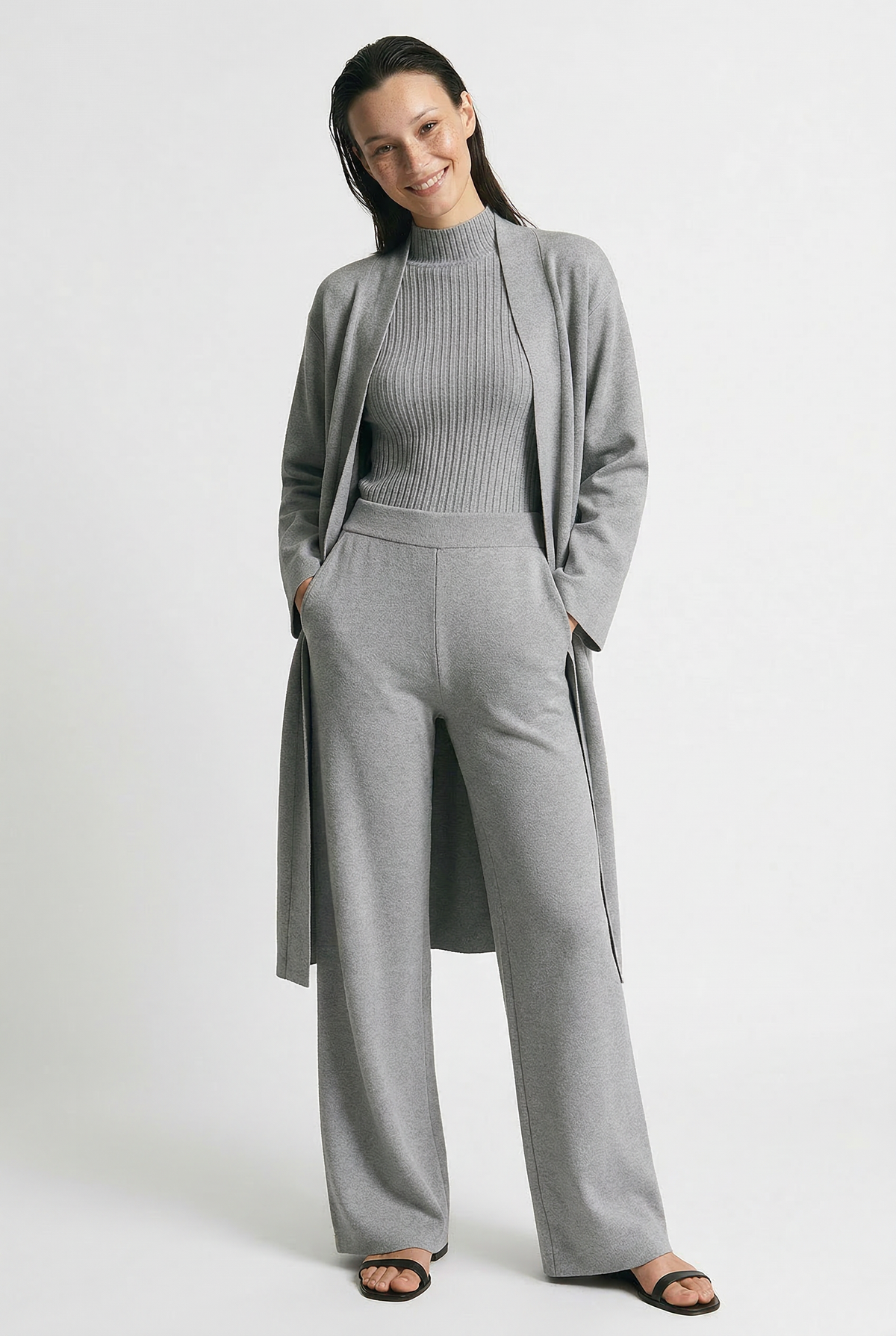 Women's Knit Lounge Set with Long Cardigan and Wide Leg Pants