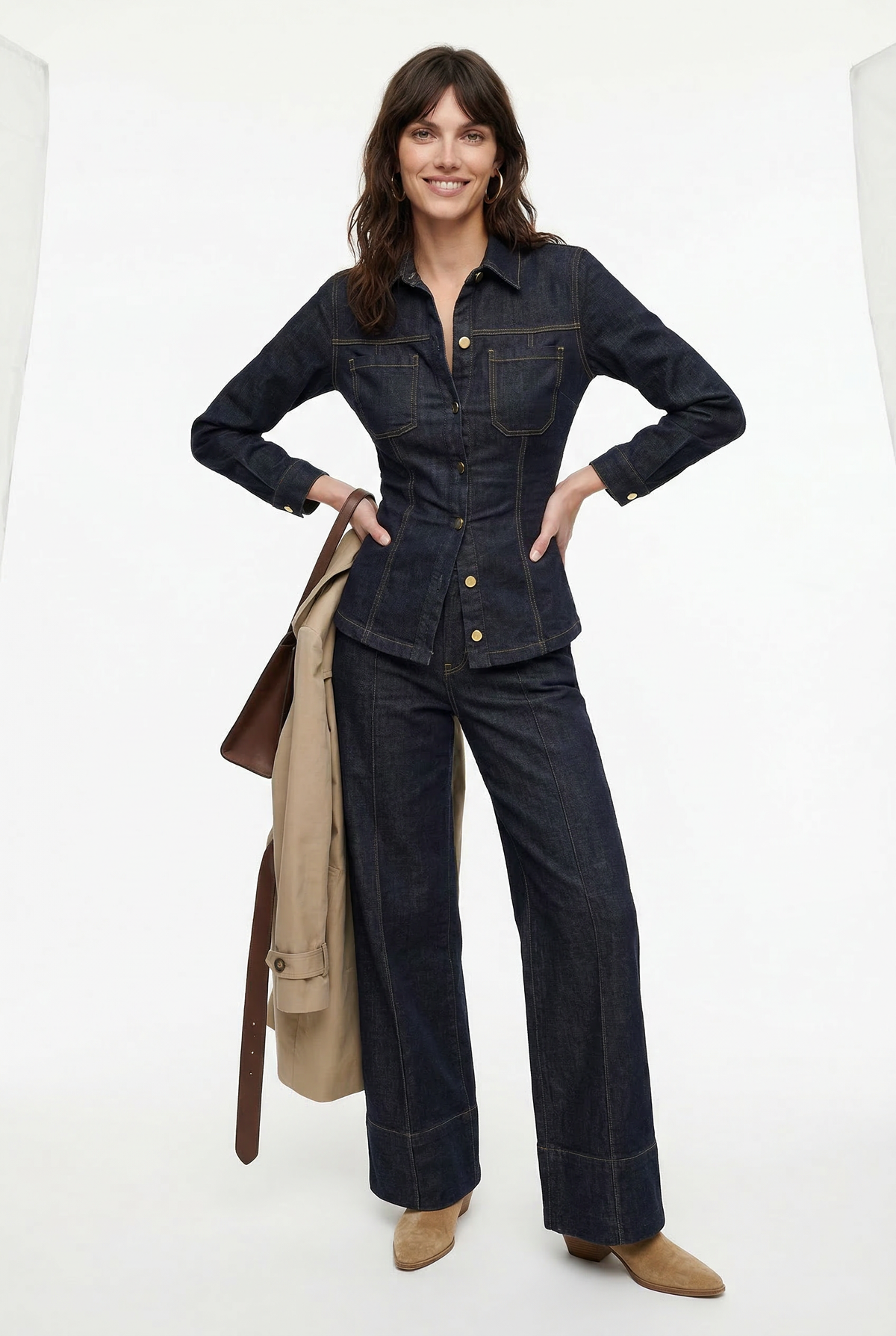Women's Button Front Denim Shirt and Wide Leg Jeans Set