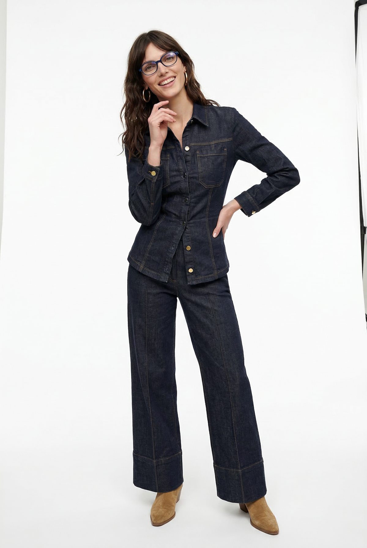 Women's Button Front Denim Shirt and Wide Leg Jeans Set