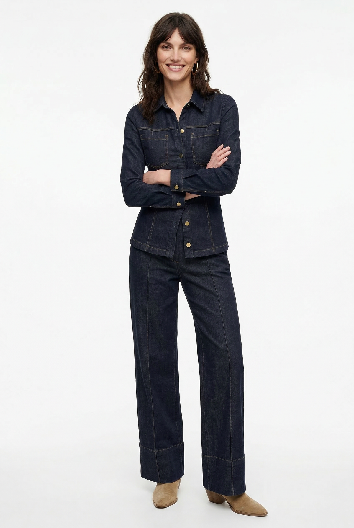 Women's Button Front Denim Shirt and Wide Leg Jeans Set