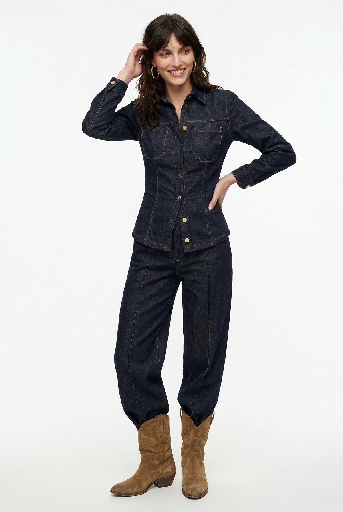 Women's Button Front Denim Shirt and Wide Leg Jeans Set