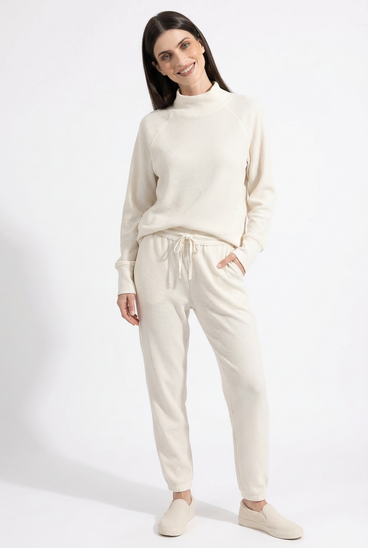 Women's Waffle Knit Sweatshirt and Jogger Pants Set with Funnel Neck
