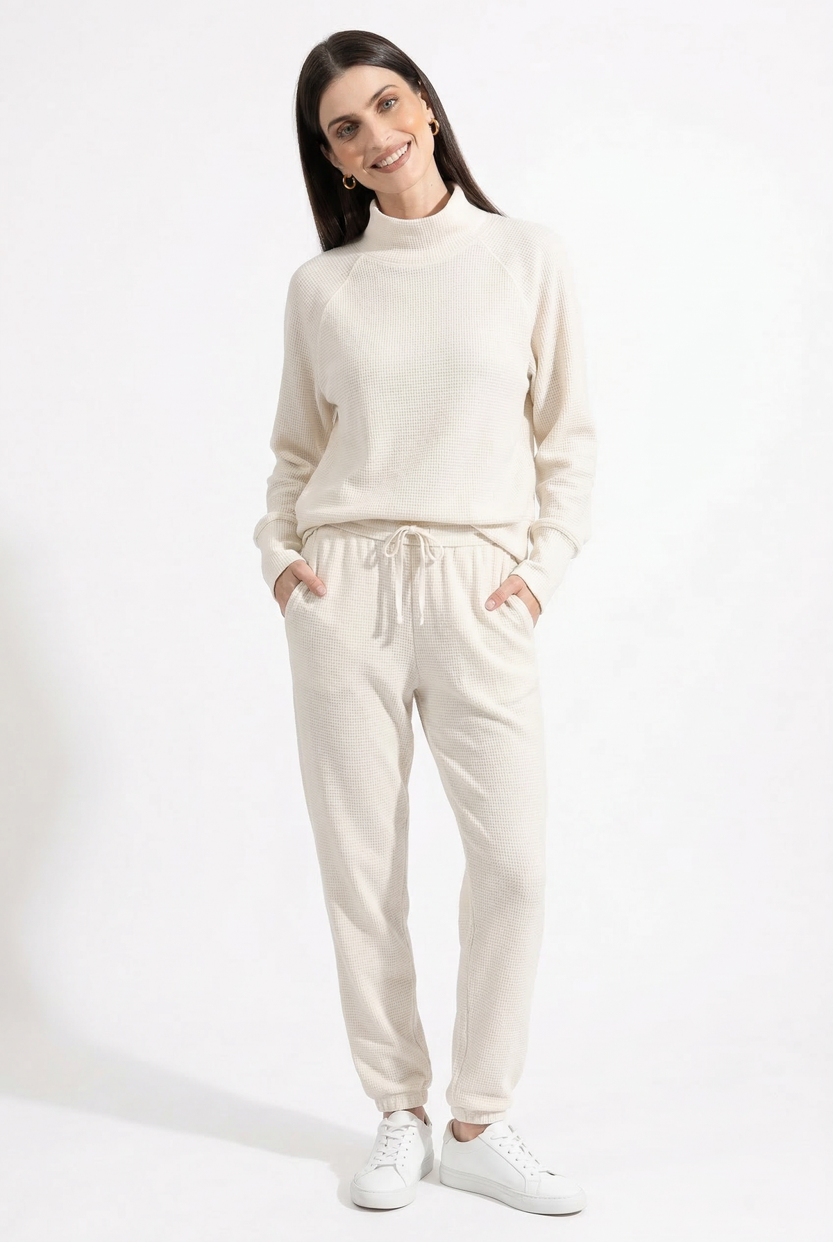 Women's Waffle Knit Sweatshirt and Jogger Pants Set with Funnel Neck