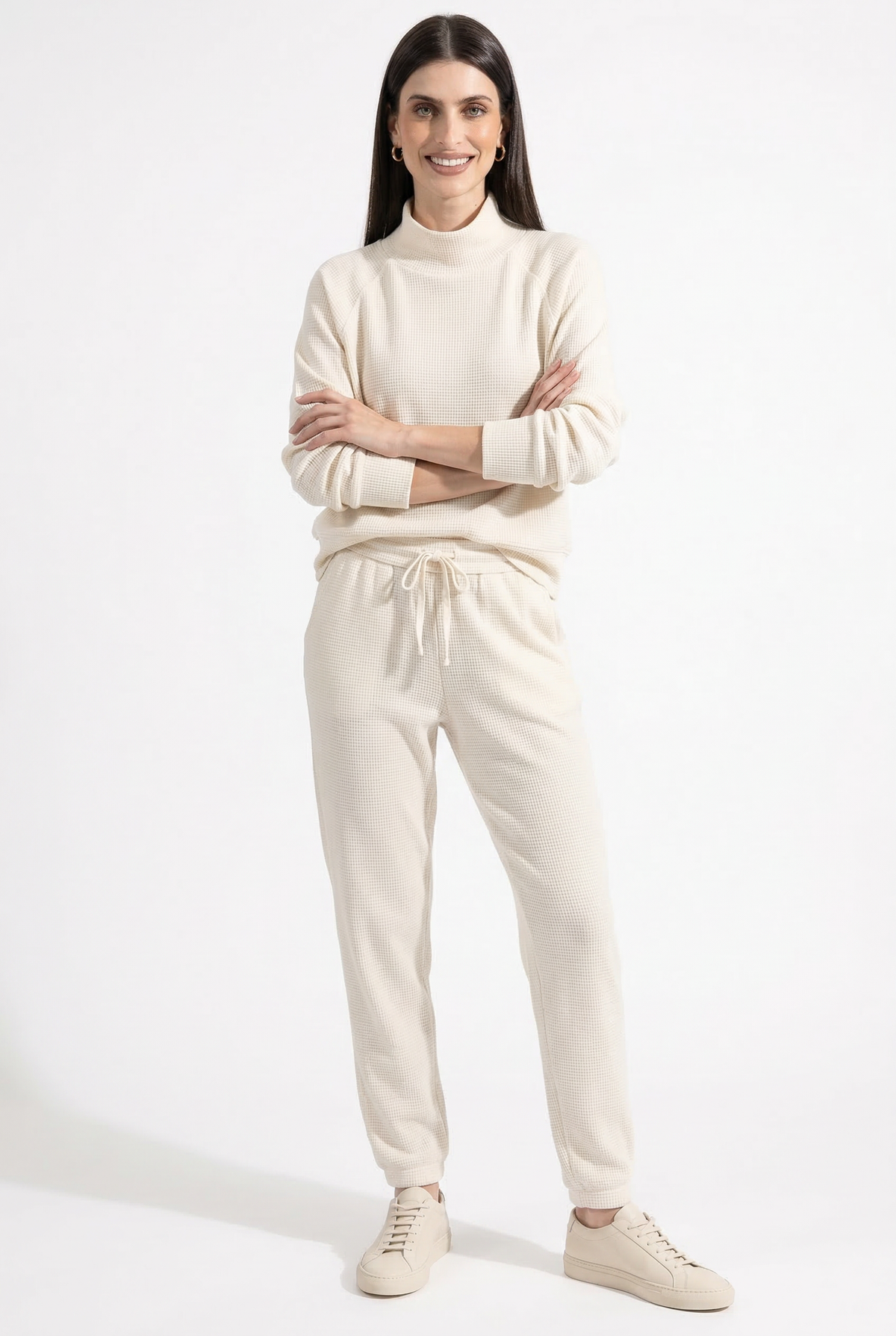 Women's Waffle Knit Sweatshirt and Jogger Pants Set with Funnel Neck