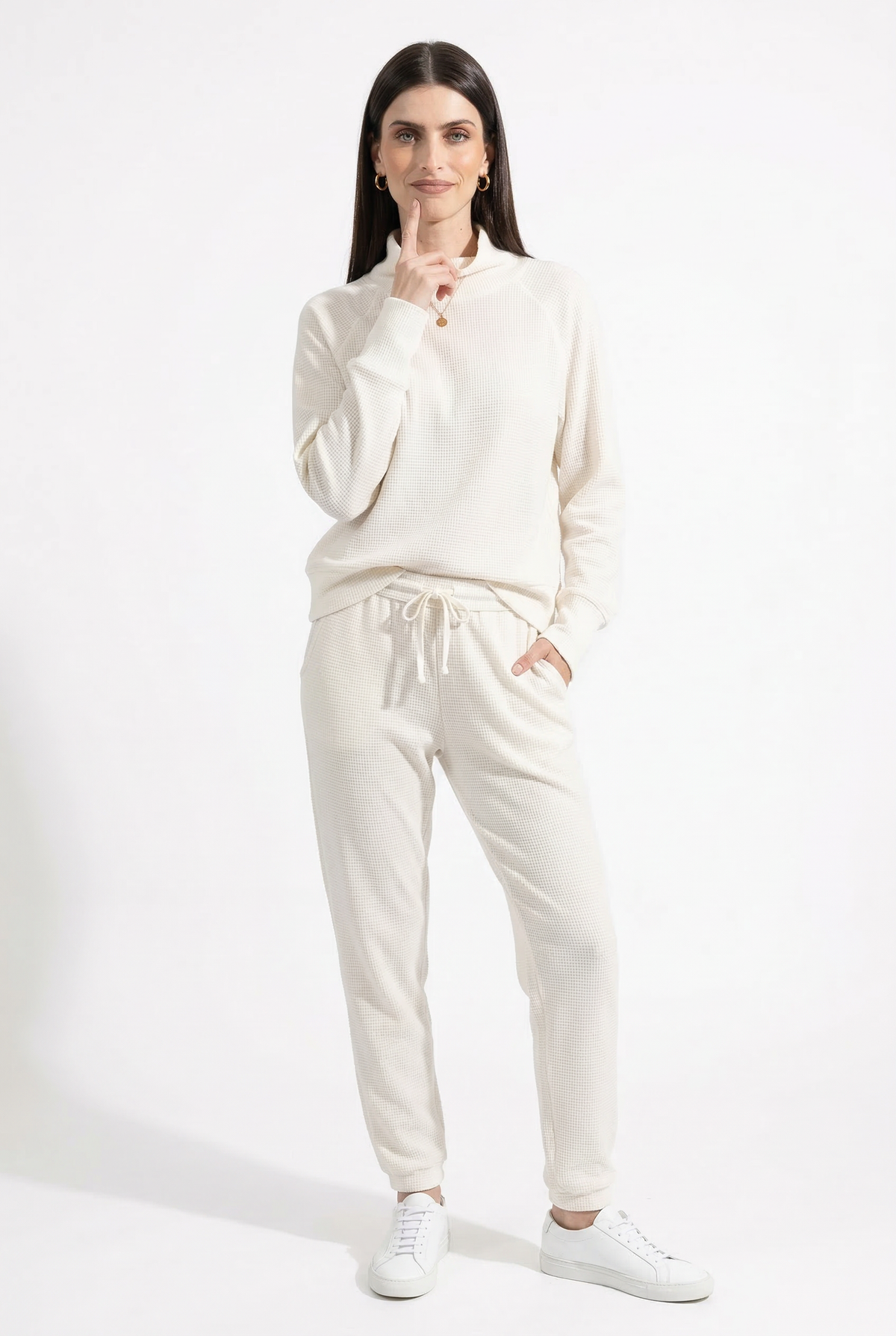 Women's Waffle Knit Sweatshirt and Jogger Pants Set with Funnel Neck