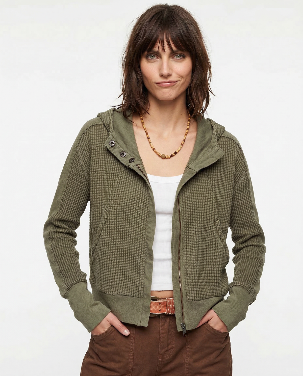 Women's Cropped Waffle Knit Hoodie with Full Zip and Button Collar