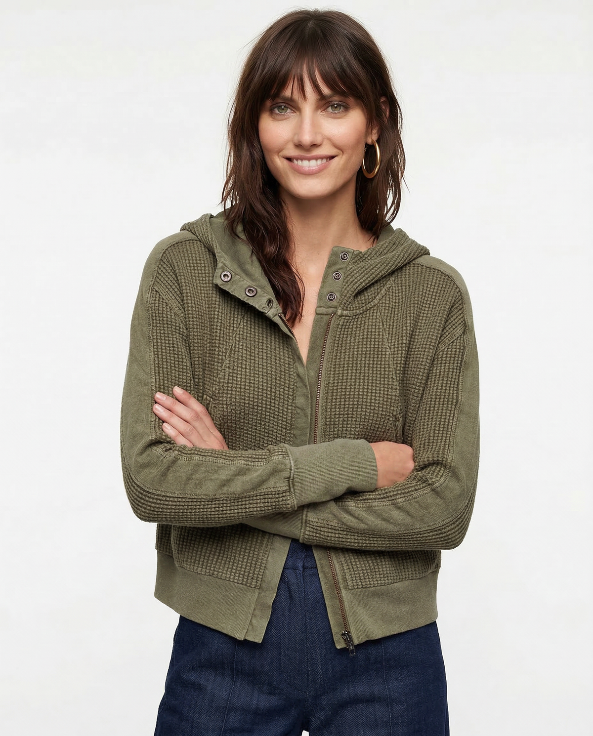 Women's Cropped Waffle Knit Hoodie with Full Zip and Button Collar