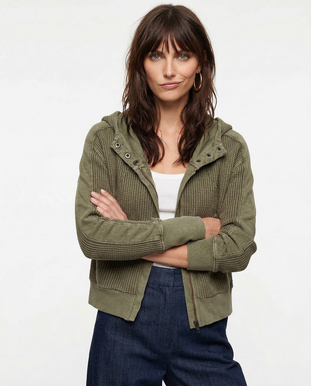 Women's Cropped Waffle Knit Hoodie with Full Zip and Button Collar