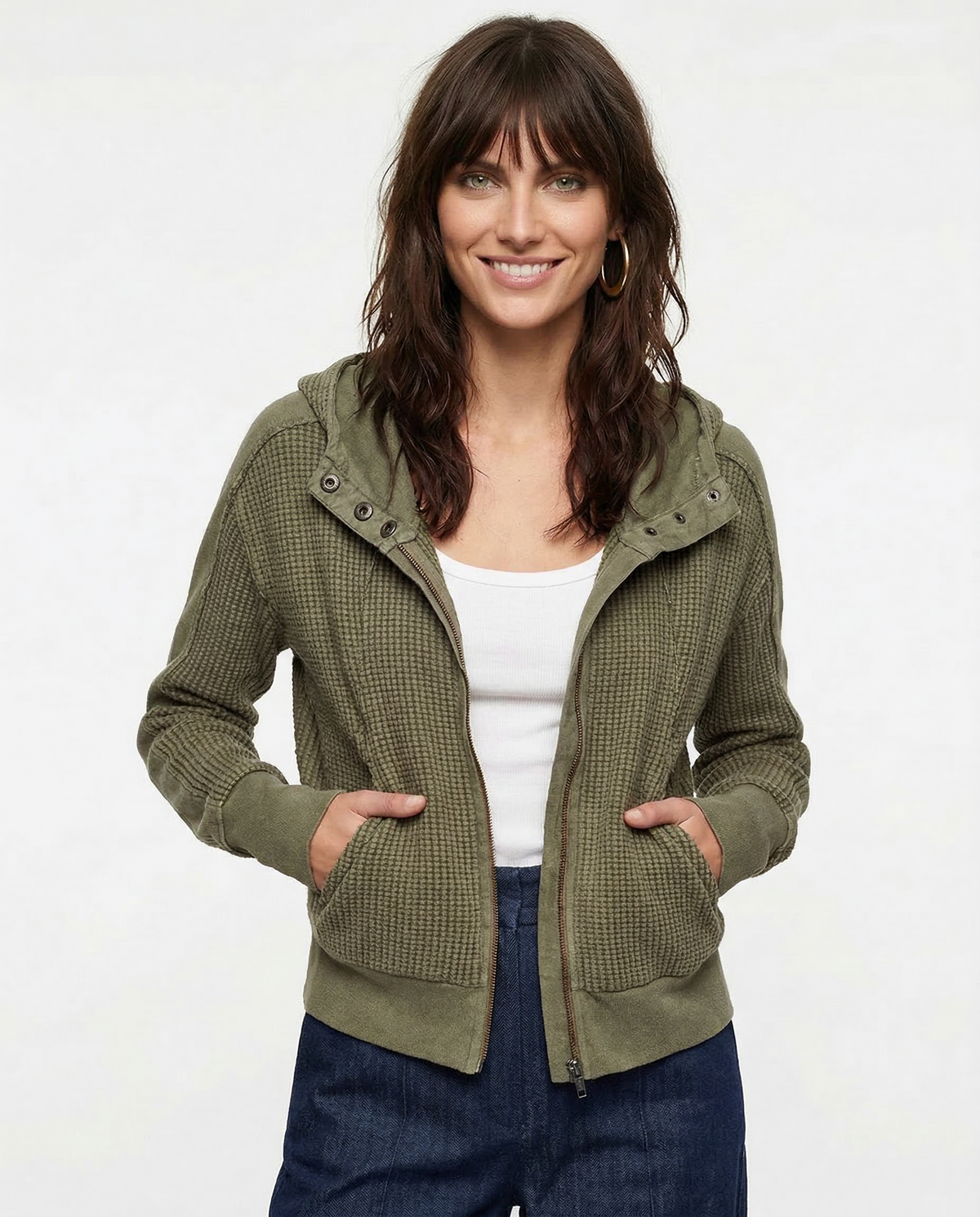 Women's Cropped Waffle Knit Hoodie with Full Zip and Button Collar
