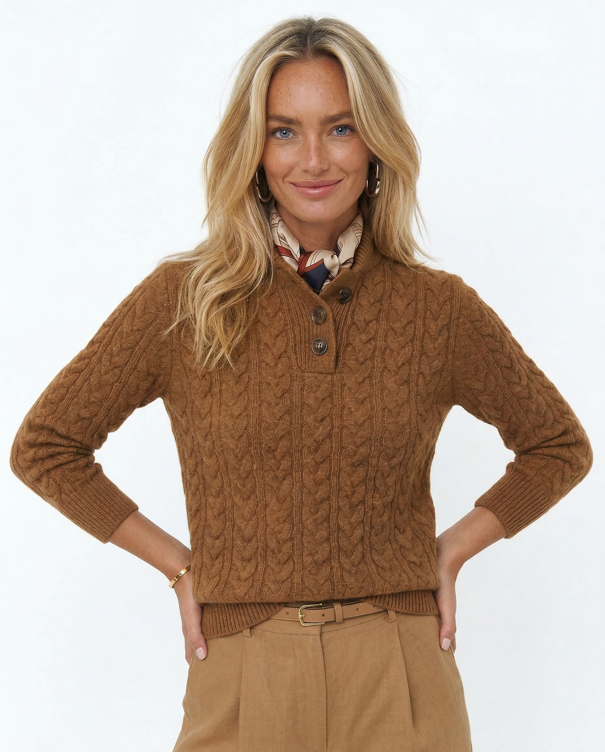 Men's Cashmere Cable Knit Sweater with Button Neck and Long Sleeves