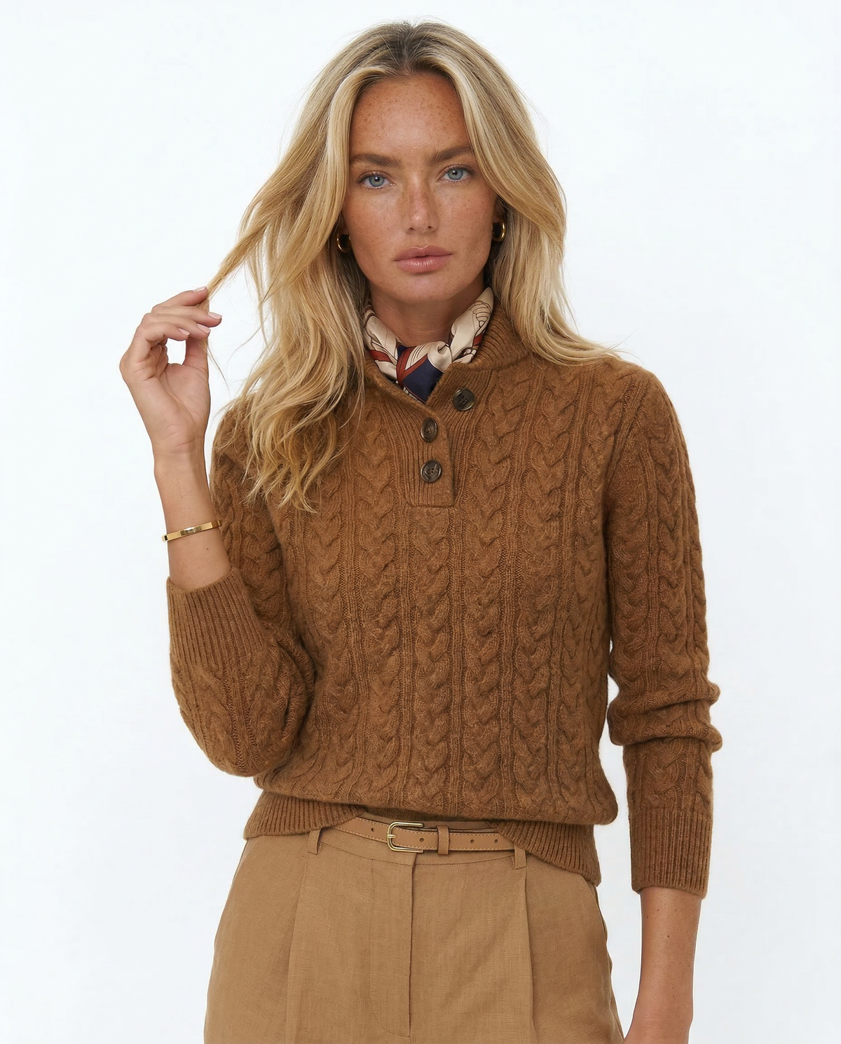 Men's Cashmere Cable Knit Sweater with Button Neck and Long Sleeves