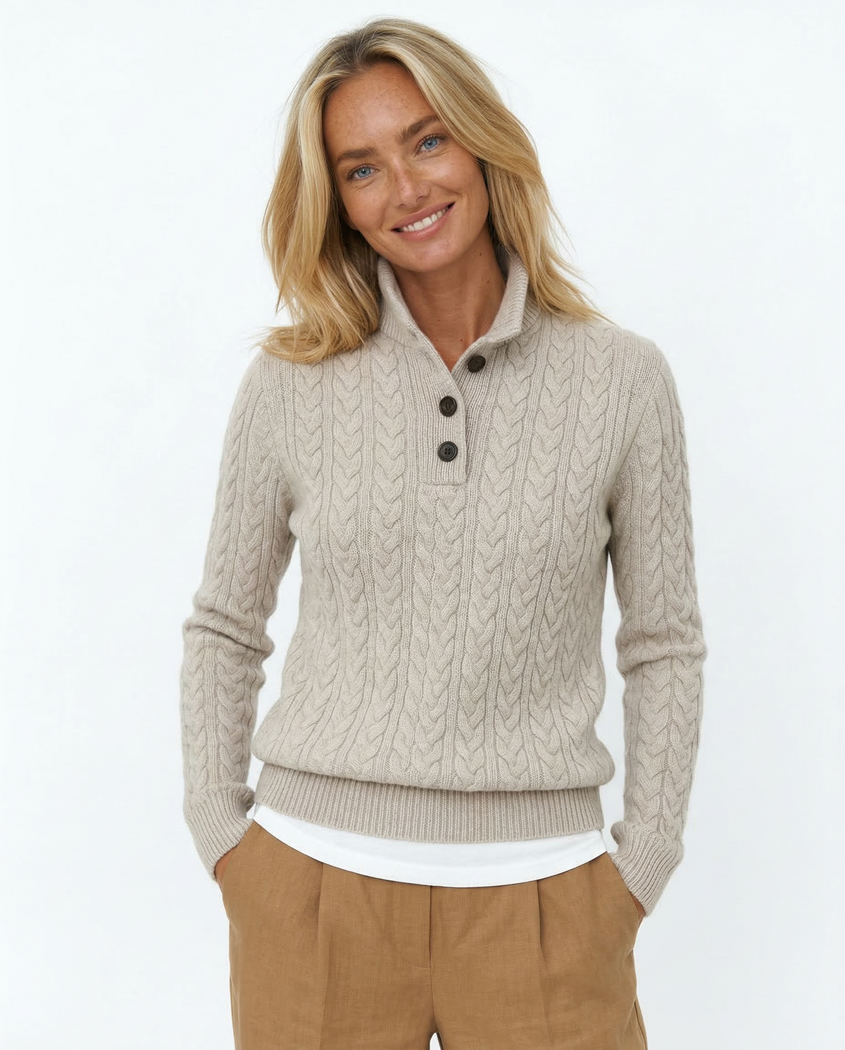 Men's Cashmere Cable Knit Sweater with Button Neck and Long Sleeves