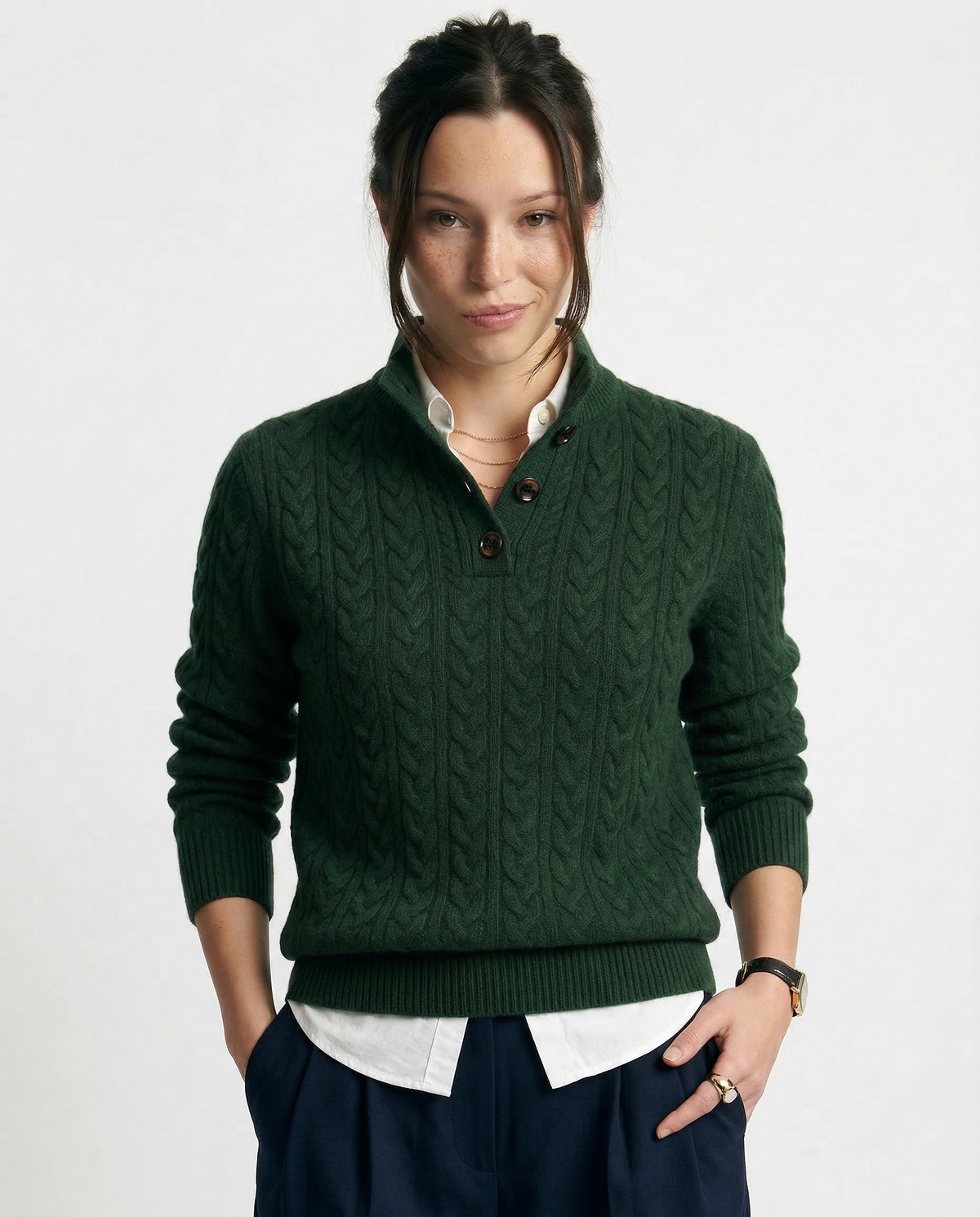 Men's Cashmere Cable Knit Sweater with Button Neck and Long Sleeves