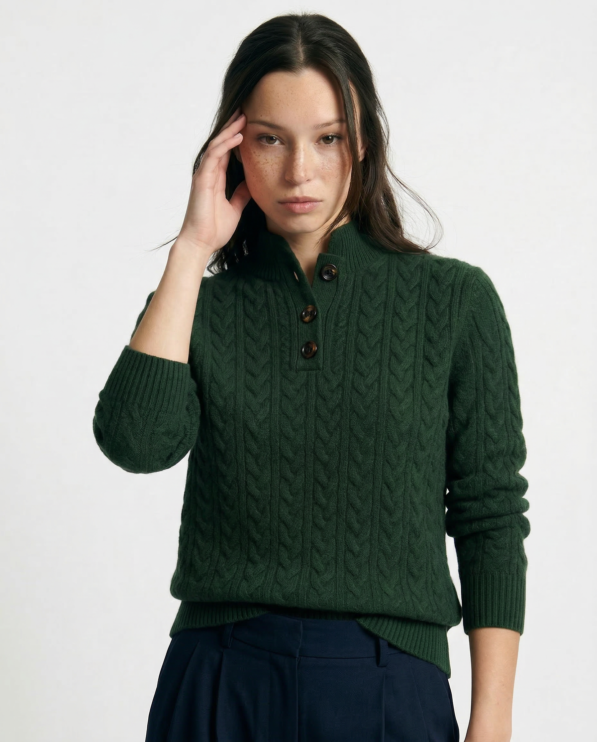 Men's Cashmere Cable Knit Sweater with Button Neck and Long Sleeves