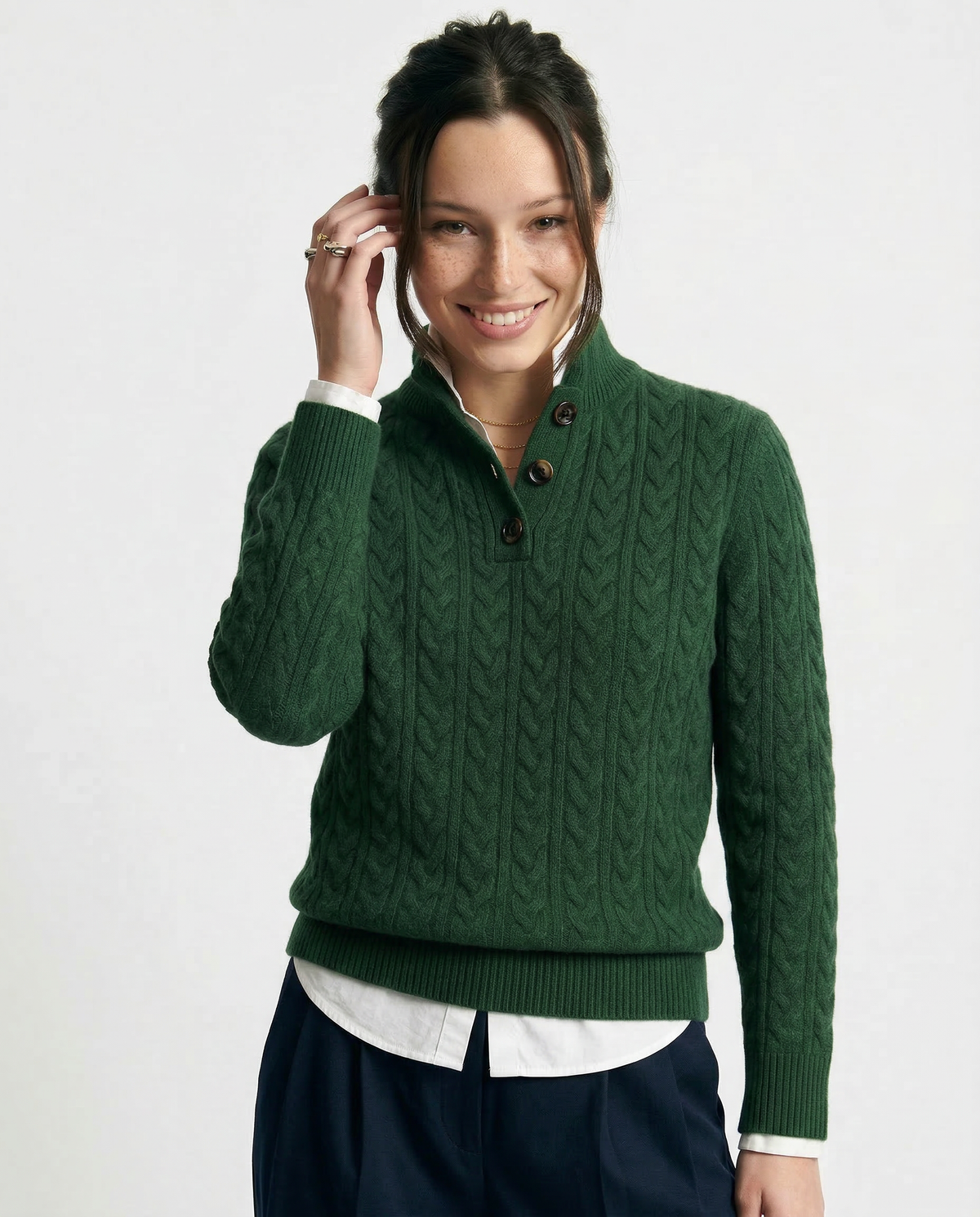 Men's Cashmere Cable Knit Sweater with Button Neck and Long Sleeves